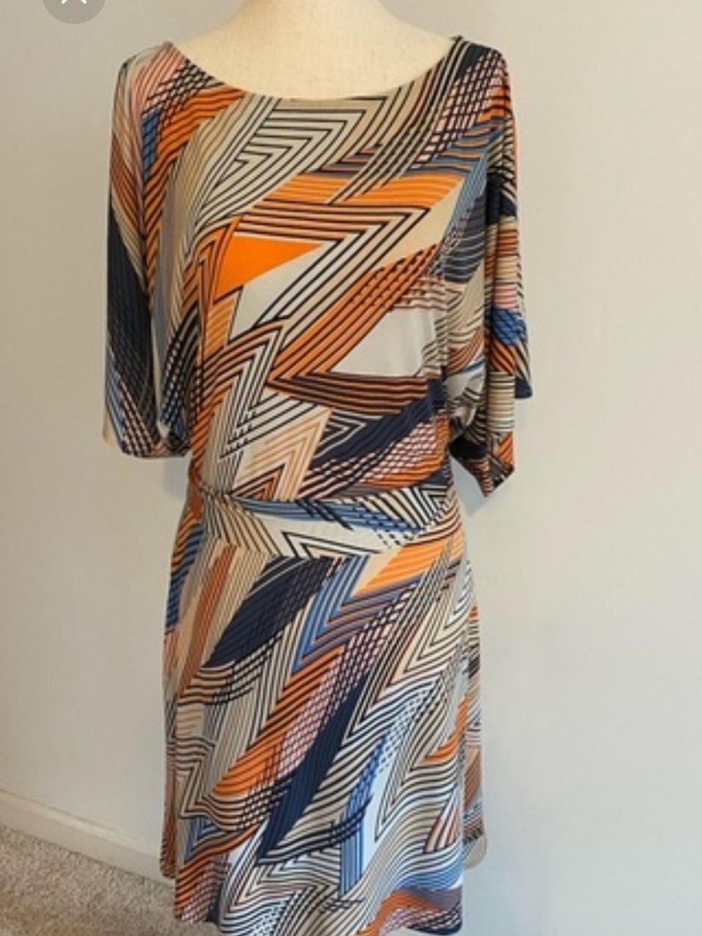 BCBGMaxAzria Geometric Midi Dress in Orange, Navy & Cream